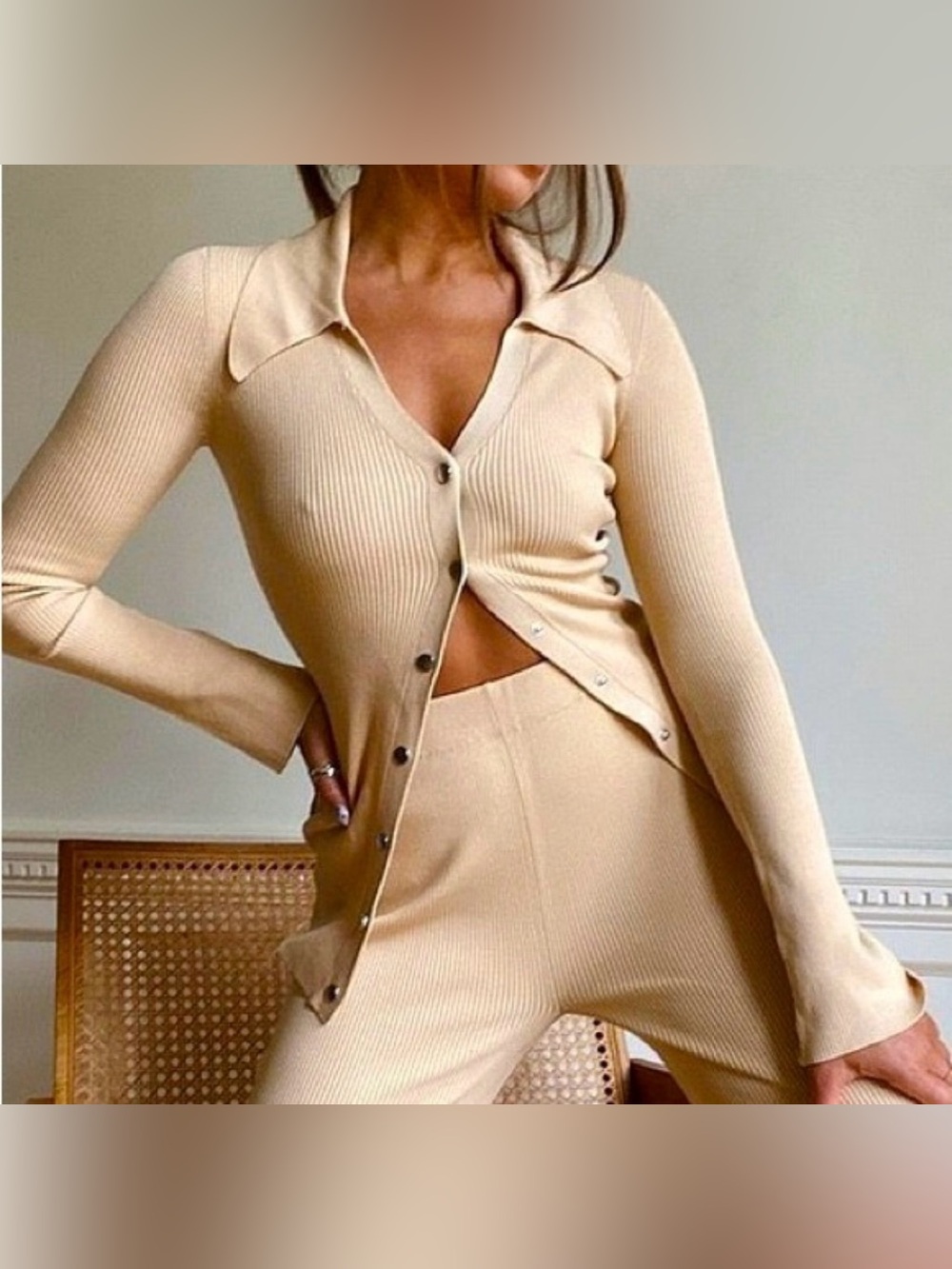 Danielle Bernstein Ribbed Button-Front Knit top